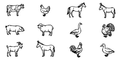 Fototapeta premium Animal Line Icon Set with Symmetrical Palm Frond Motif, Simple Black Ink Doodle Style on White Background