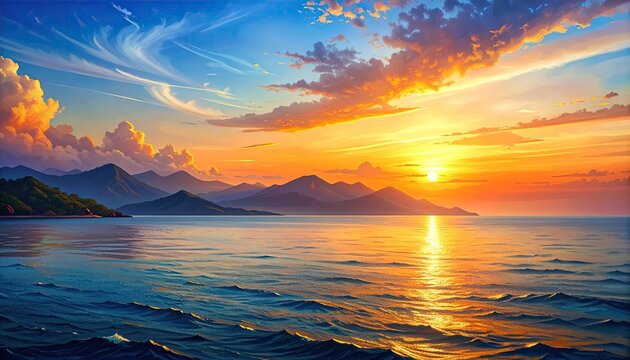 Breathtaking Sunset Over Calm Ocean Waters With Distant Mountains.