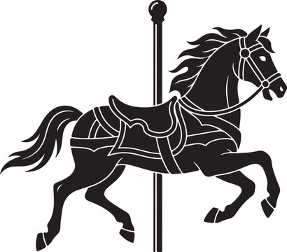 Detailed black silhouette of a prancing carousel horse on a pole, capturing the nostalgic charm of a vintage fairground ride, ideal for entertainment and childhood themes.