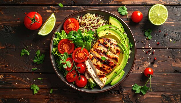 Healthy Grilled Chicken Salad Bowl with Avocado and Quinoa.