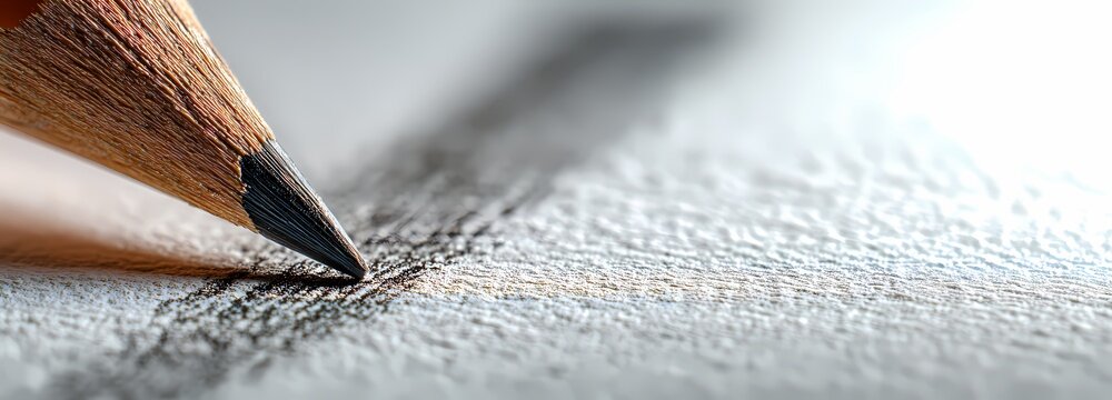 Sharp pencil tip rests on textured paper. Dark graphite mark trails behind the lead. Soft focus background highlights writing motion. Close-up captures creative focus and intent