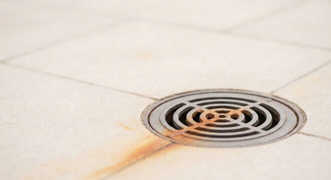 Drain on tiled surface with rust stains.