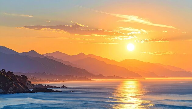 Serene Sunset Over Calm Ocean and Majestic Mountains.