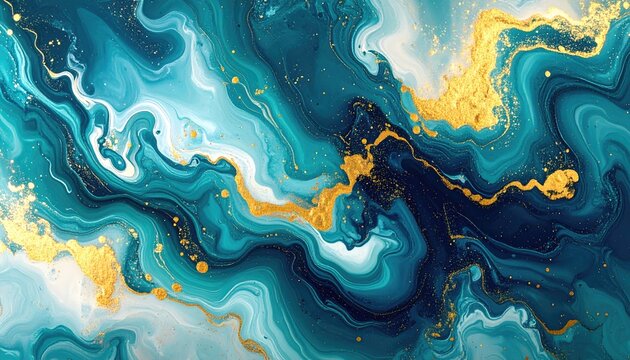 Abstract Swirling Teal Blue and Gold Marble Texture Background.