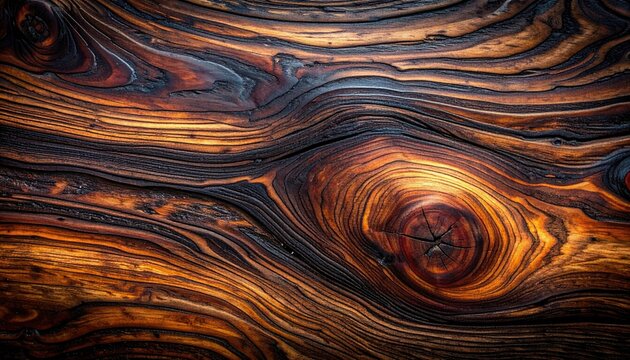 Close-up Macro View of Richly Textured Wood Grain with Knots.