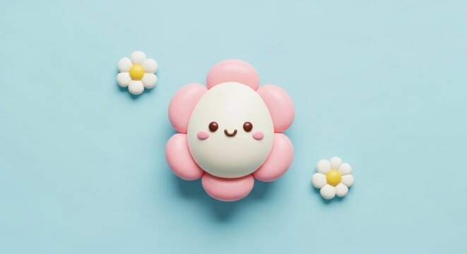 Cute cartoon flower with egg face on light blue background flat lay design