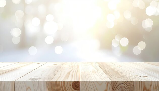 Empty Wooden Table Surface with Soft Bokeh Background.