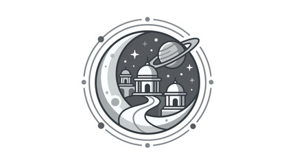 Circular emblem with moonlit path and planet landscape. © rafa