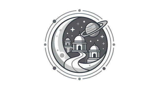 Circular emblem with moonlit path and planet landscape.