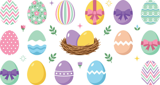 Happy Easter decorated egg vector illustration set featuring pastel patterns bows flowers bird nest and broken eggshells for seasonal holiday design