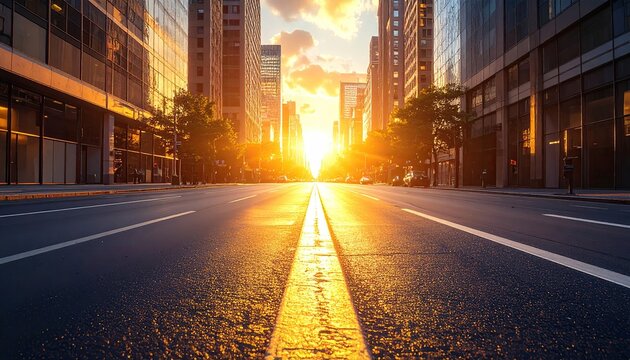 Golden Sunset Illuminates City Street with Modern Architecture.