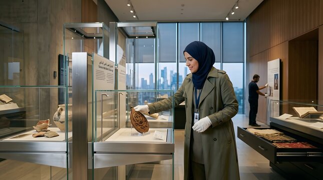 A woman in a hijab examines an artifact in a modern museum exhibit with a cityscape visible through the windows.