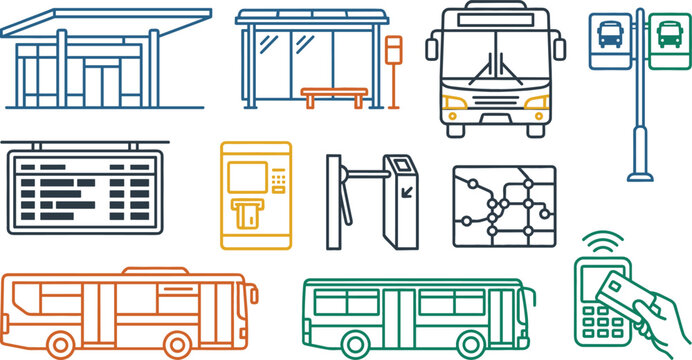 Public transportation and bus transit outline icon set featuring station terminal shelter schedule timetable ticket machine turnstile map and payment