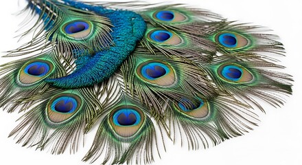 Fototapeta premium Vibrant peacock feather fan displayed on white background