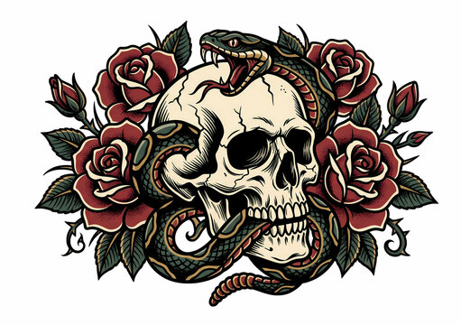 Classic Tattoo Flash Style Human Skull Wrapped by Aggressive Green Viper Snake and Roses