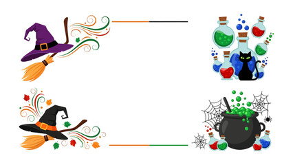 Fototapeta premium Halloween Border Design: A whimsical collection of Halloween-themed elements, featuring witch hats and brooms on one side and cauldrons, potions, and a black cat on the other.