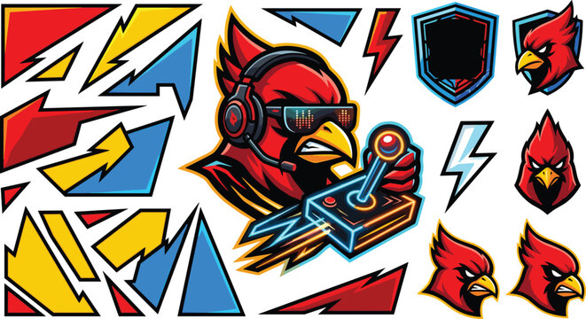 Red Cardinal Esports Gaming Mascot Vector Set with Headset Joystick Cyberpunk Glasses Geometric Shield and Lightning Bolt Twitch Overlay Elements