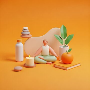 3D Minimalist Zen Meditation Scene with Figure, Plant, and Candle for Wellness