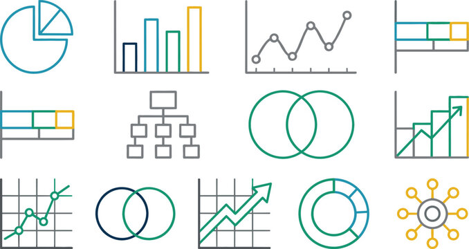 Business data visualization and infographic line icon set featuring financial charts bar graphs pie diagrams venn flowcharts and growth statistics