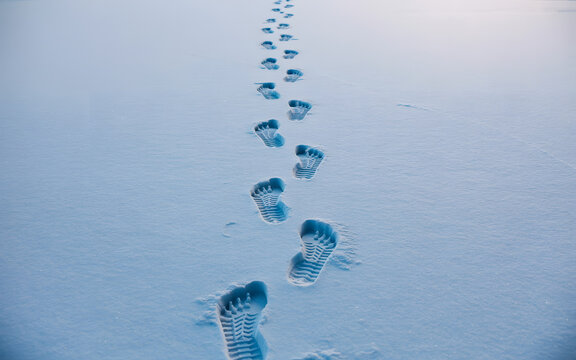 A trail of human footprints deeply indented in a surface of fresh white snow