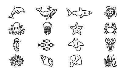 Minimal sea life vector set with ocean animal outline icons © Md