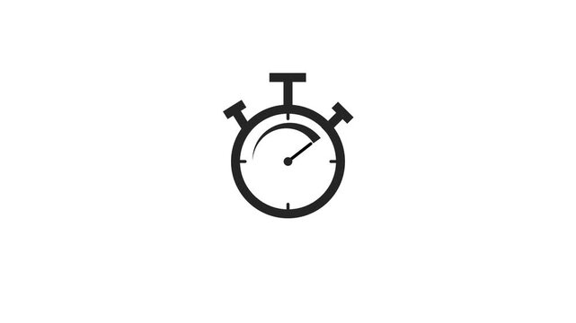 Black and white stopwatch animation counting up to two seconds, simple graphic illustration on clean background for precise time measurement and countdowns.