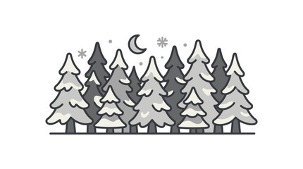 Obraz premium Winter pine forest landscape with moon and snowflakes.