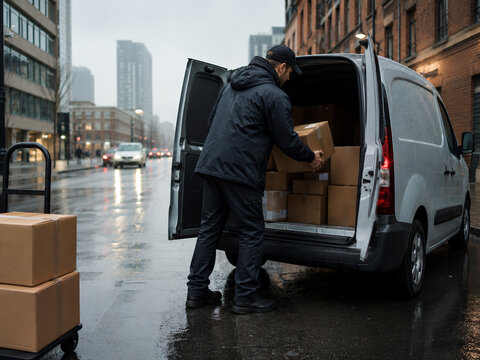Japanese delivery worker loading cardboard boxes into small van on residential street