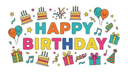 Fototapeta premium Happy Birthday Celebration Illustration: A vibrant and festive illustration wishes Happy Birthday with colorful balloons, confetti, gift boxes, and birthday cakes.