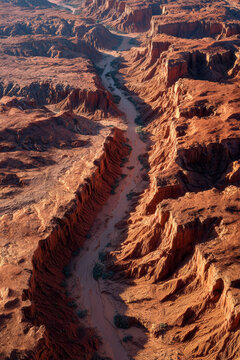 Aerial view of a deep canyon with red rock formations and a winding river cutting through the landscape under clear blue skies in a desert environment