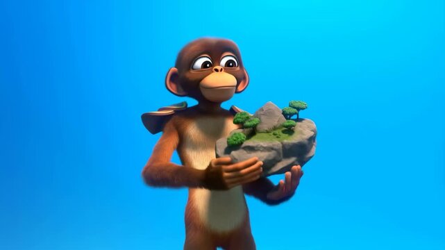 Animated monkey holding a miniature landscape with trees and rocks. Represents environmental awareness and the importance of nature conservation