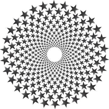 A mesmerizing circular pattern of stars and dots creates a hypnotic optical illusion on a white background.