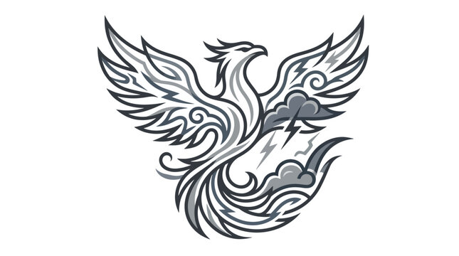 Intricate phoenix firebird rising through storm clouds vector illustration.