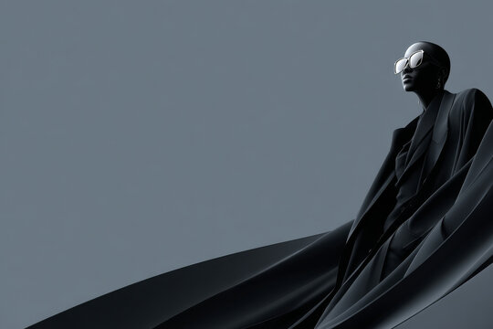 Fashion model wearing oversized sunglasses and a flowing black gown poses against a minimalist gray background, showcasing modern elegance and style