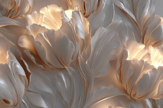 Elegant white floral design featuring illuminated tulip shapes with intricate petal details against a soft, neutral background creating a serene and modern aesthetic