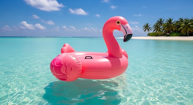 Vibrant pink flamingo float floating on crystal clear tropical ocean water