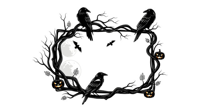 Halloween Crows Frame: A spooky Halloween-themed border featuring silhouette-style crows perched on gnarled branches, with bats and pumpkins adding to the eerie atmosphere.