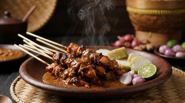 Delicious Indonesian Chicken Satay Skewers Served with Peanut Sauce and Rice Cakes on a Traditional Clay Plate
