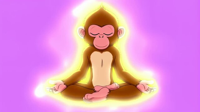Cartoon monkey meditating in a serene pose with a glowing aura. Represents mindfulness, relaxation, and inner peace in a playful manner