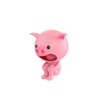 Cute 3D render Pig character sitting on the floor hugging knees. Isolated on a clean white background.