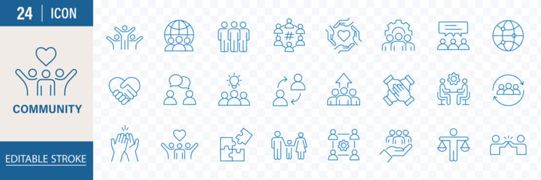 Modern Community web icons in line style. People, family, friendship, community, neighborhood, inclusion. Editable stroke. Vector illustration. charity web icons set. help, assistance, volunteer icons