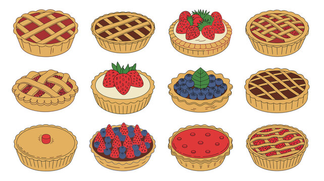 Delicious assortment of colorful fruit pies in woven baskets