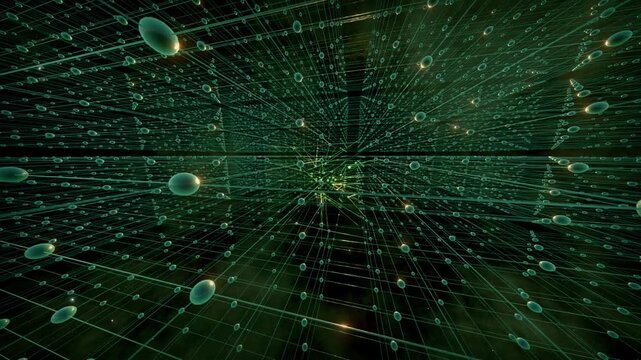 Abstract digital grid with glowing data points, a futuristic network visualization. Green technological background, perfect for AI, blockchain, and big data concepts.