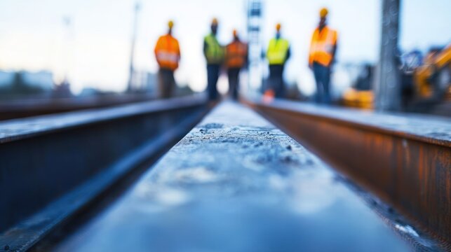 Railroad tracks and workers in safety vests