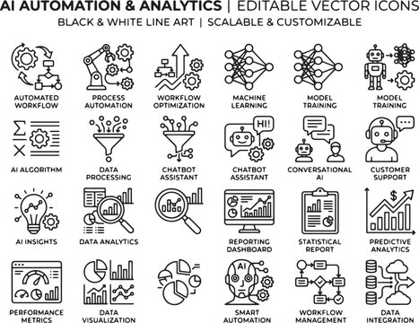 A collection of black and white line art vector icons for AI automation and analytics