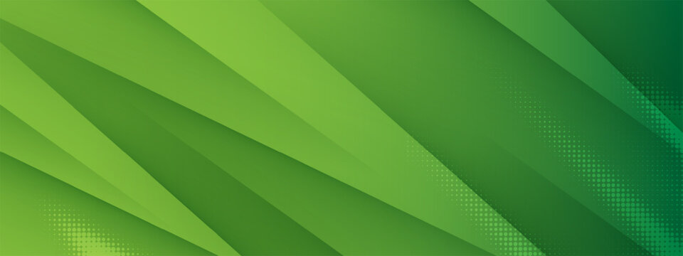 Abstract green banner background with diagonal stripes and dot halftone. Modern geometric paper cut style. Lime and emerald gradient layers. Minimalist corporate header design.