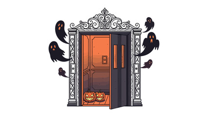 Haunted Elevator Entrance: A spooky illustration depicts an ornate elevator entrance adorned with Halloween motifs, including grinning jack-o'-lanterns and playful ghosts. © abidakhatun