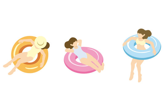 Isometric vector illustration set of women floating in colorful inner tubes. Females in swimwear for summer pool and sea concept.