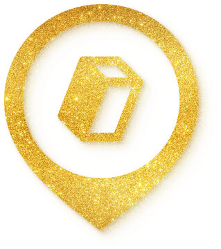 Cuboid icon in gold glitter location pin shape for cuboid 3D rectangle box shape geometry design product and isometric art on transparent background.