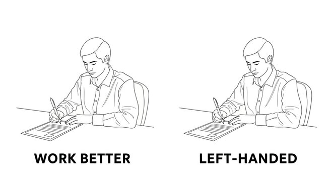 Line art illustration comparing a right-handed person writing and a left-handed person writing.